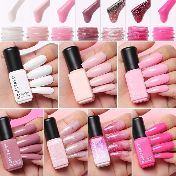 modelones Poly Gel Nail Kit 6 Colors with 8 W Nail Lamp Extension Gel Kit Clear Red Golden Complete Tools Beginner Thickening Solutions DIY at Home for Women
