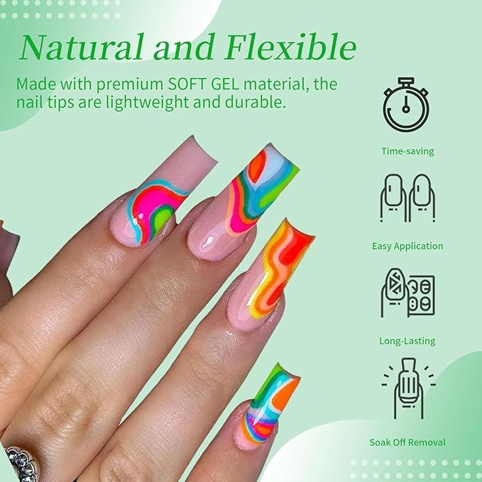 Long Square Nail Tips, 240Pcs Full Cover Soft Gel Nail Tips Pre-shaped 2XL Straight Shape Clear Acrylic False Nail Fake Nail Extension Press On for Salon Home DIY 12 Sizes