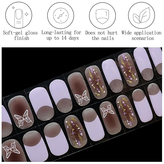 20Pcs Light Purple Semi Cured Gel Nail Strips French Tip Summer Butterfly Gel Nail Stickers UV/LED Light Needed Self Adhesive Nails Wraps with Design Glossy Nails Polish Strips for Women