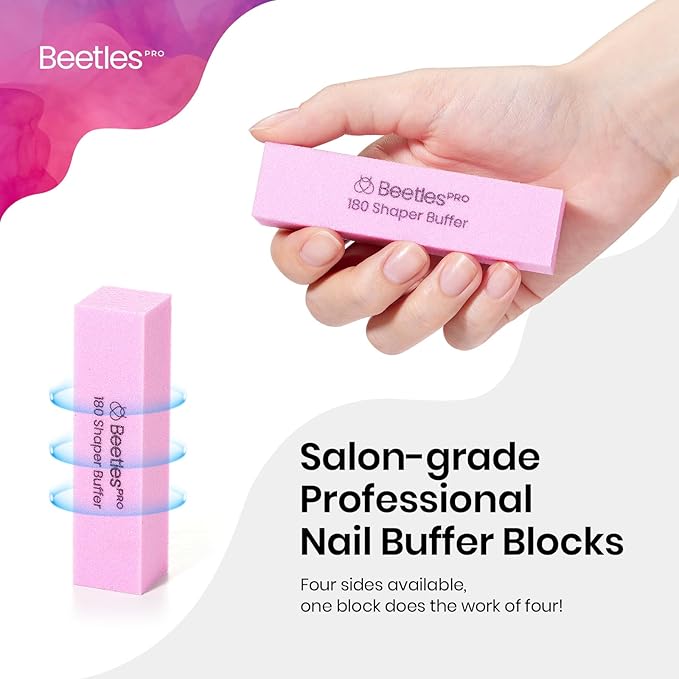 Beetles Pro 10Pcs Nail Buffer Block for Acrylic and Natural Nails, Fine Grit 4 Sided 180 Finishing Buffers for Acrylic Nails Gel Polish Professional Manicure File Blocks Set Nails Manicure Tools Pink