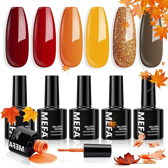 MEFA 6 Colors Gel Nail Polish Set, Shades Orange Red Brown Glitter Yellow Soak Off Gel Polish Spring Summer Tones Nail Art Design Salon Home Manicure Kit Gifts