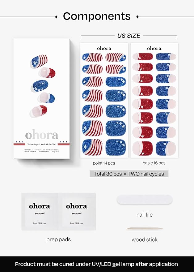 ohora Semi Cured Gel Nail Strips (N Star Stripes) - Works with Any Lamps, Salon-Quality, Long Lasting, Easy to Apply & Remove - Includes 2 Prep Pads, Nail File & Wooden Stick
