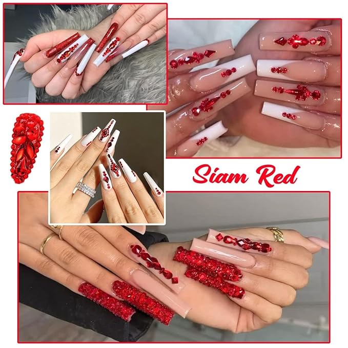 2052Pcs Red Nail Art Rhinestones Multi Shapes Crystal Flatback Rhinestones Gems Siam Red Round Beads K9 Glass Stones Diamonds Jewels Nail Art Supplies Charms for Nails Faces Eyes Makeup Crafts