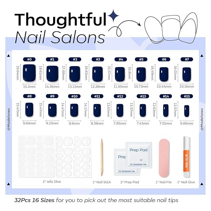 Modelones Navy Blue Press on Nails, Short Square Fake Nails, Reusable Nail Kit with Nail Glue Adhesive Tabs Mini Nail File, Nails Press Ons 32Pcs16 Sizes, Women Girl Gift