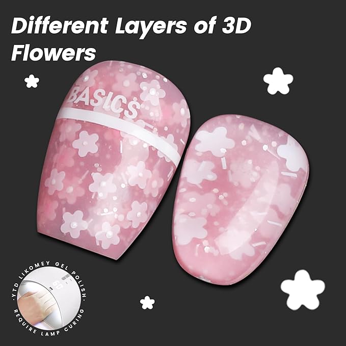 YTD Likomey Nude Gel Nail Polish,15ml Translucent Neutral Jelly Sheer Flowers Glitter UV Nail Gel,Sheer Pink Three-Dimensional White Petals DIY Manicure Varnish,LS326