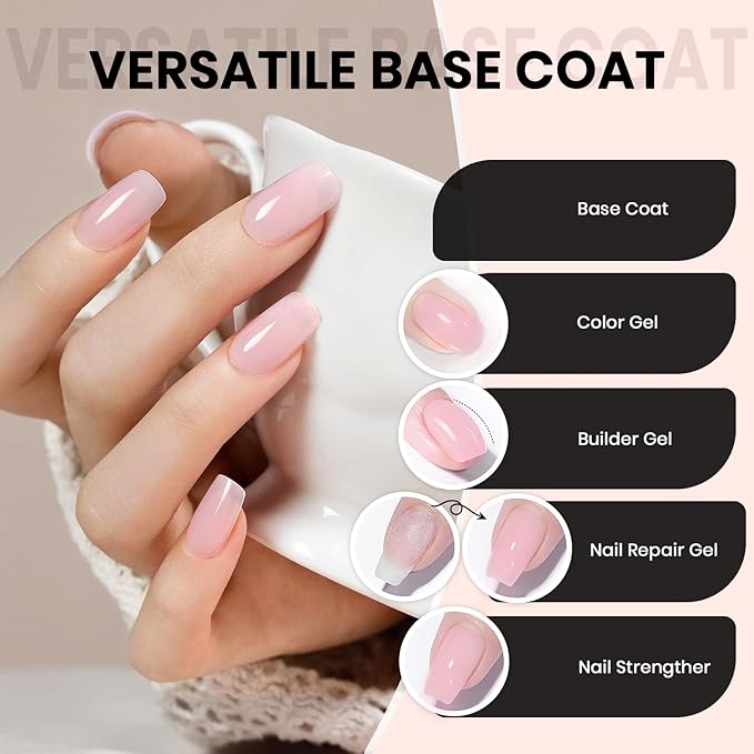 RARJSM Nude Sheer Pastel Purple Pink Fiber Glass Rubber Base Gel Nail Polish for Repair Broken Nails StrengthenerGel Base Coat Transparent Brush on Building Gel in a Bottle Curing Requires 15ml