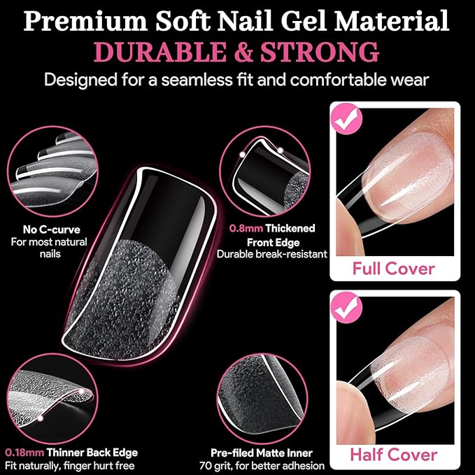 Short Square Fake Nail Tips - 15 Sizes 240 PCS Clear French Half Matte Press On False Nail Tips Pre-shaped Full Cover Gel Nail Tips Extensions Thick Long Lasting for DIY Beginners& Salon Manicure