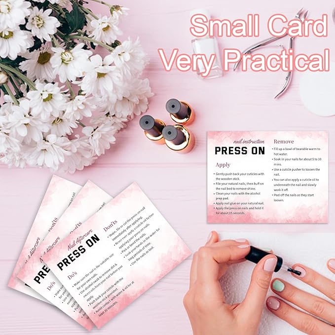50 Pack Press on Nail Instructions Cards, Bebbtiy Press on Nail Application Guides Nail Aftercare Manicure Usage Business Supplies Card (White-1)