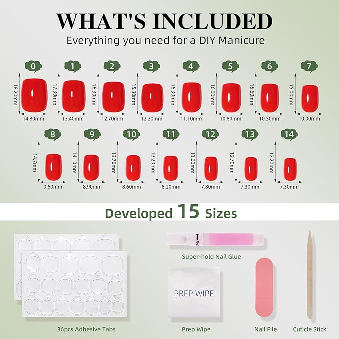 Red Press On Nails - Classic Red Short Square Fake Nails, Square Press On Nails Reusable Stick On Nails in 15 Sizes, 30pcs False Nail Kit for Women & Girls (ClassicRed)