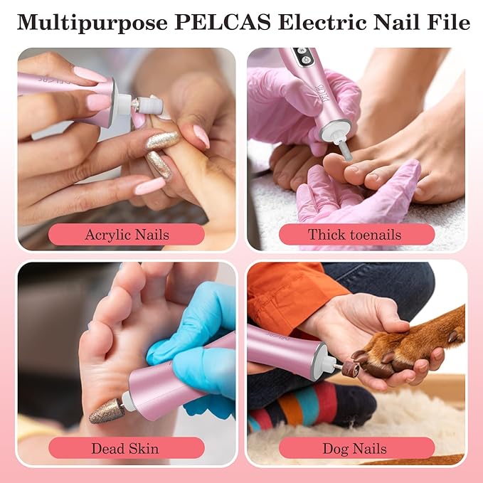 PELCAS Electric Nail File, 10 Speeds Cordless Nail Drill Kit with LED Light, Professional Nail Grinder with LCD Screen Portable e File for Human, Pet, Thick Toenails, Natural & Acrylic Nails Pink