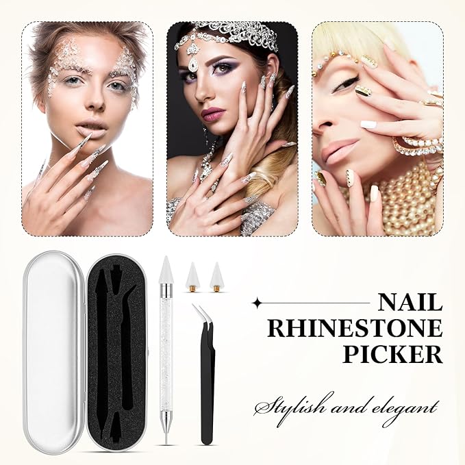 Tatuo Rhinestone Picker Tool Set Wax Pen for Rhinestones Diamond Art Painting Dual Head Dotting Pen with 2 Extra Wax Tips and 1 Nail Art Tweezer for Nail Art DIY Crafts(White)