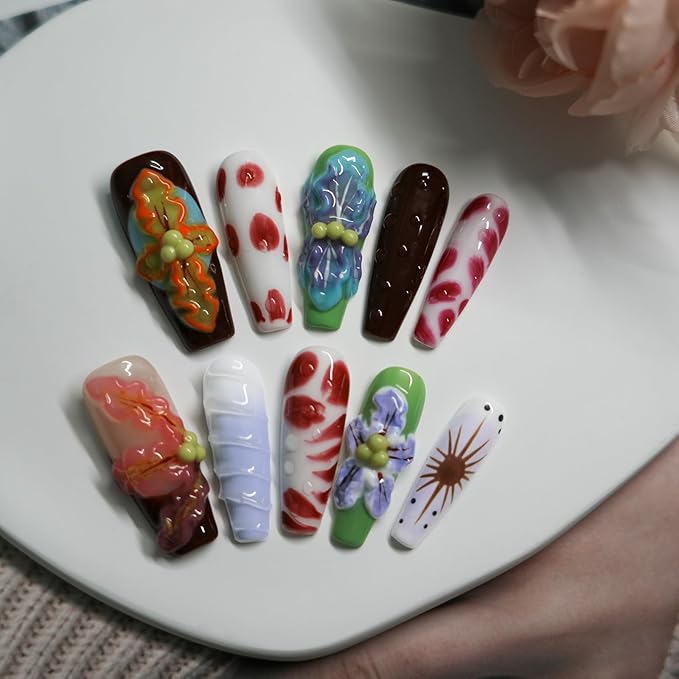 Long Coffin Press On Nails with 3D Floral Design - Summer Multicolor Thick Luxury False Nails Reusable Acrylic Nails (Summer Stories,S)