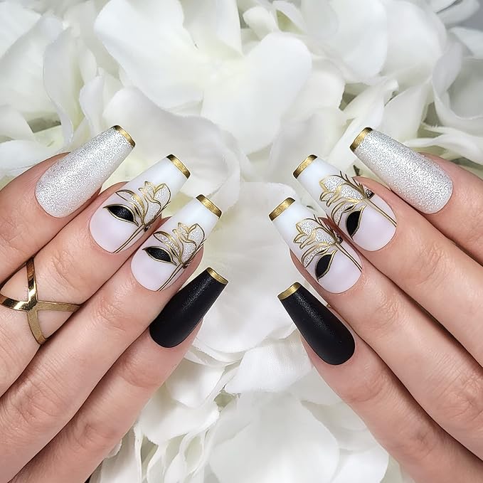 Hypnaughty 24 Pcs Black Flower Luxury Coffin Press on Nails with White Glitter and Flower Design and Gold French Tips with Glue Medium Long False Nails (Black Flower)