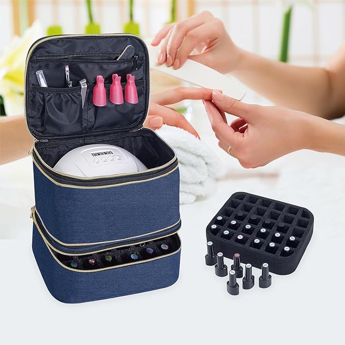 Nail Polish Organizer, Handheld Double Layer Nail Polish Storage with Adjustable Dividers, Holds 30 Bottles (15ml/0.5 fl.oz) for Nail Polish Lamp Manicure Tools and Essential Oil, Blue