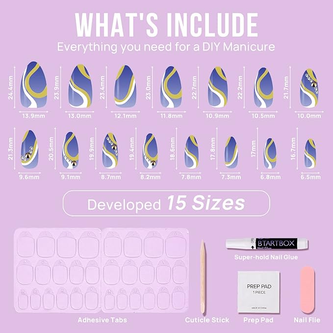 BTArtbox Press On Nails Almond - Blue Swirl Press On Nails with Nail Glue for Woman, Medium Soft Gel Glue On Nails in 15 Sizes - 30Pcs Stick On Nails Kit, Wave Blue