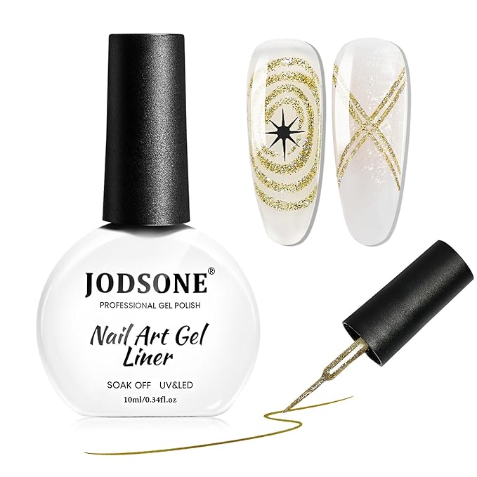 JODSONE Glitter Gold Swirl Nail Art Liner Gel Polish,10ml Classic Color 3D Nail Art Pens Effect Nail Print Design with Thin Brush for French Tips Manicure Painting DIY at Home - LX01