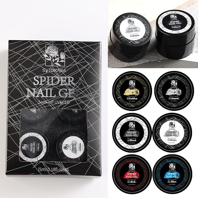 6 Colors Spider Gel Set, Elastic Drawing Spider Gel with Nail Art Brush, White Black Red Blue Gold Silver Paint Wire Drawing Gels Polish Manicure DIY Nail Designs
