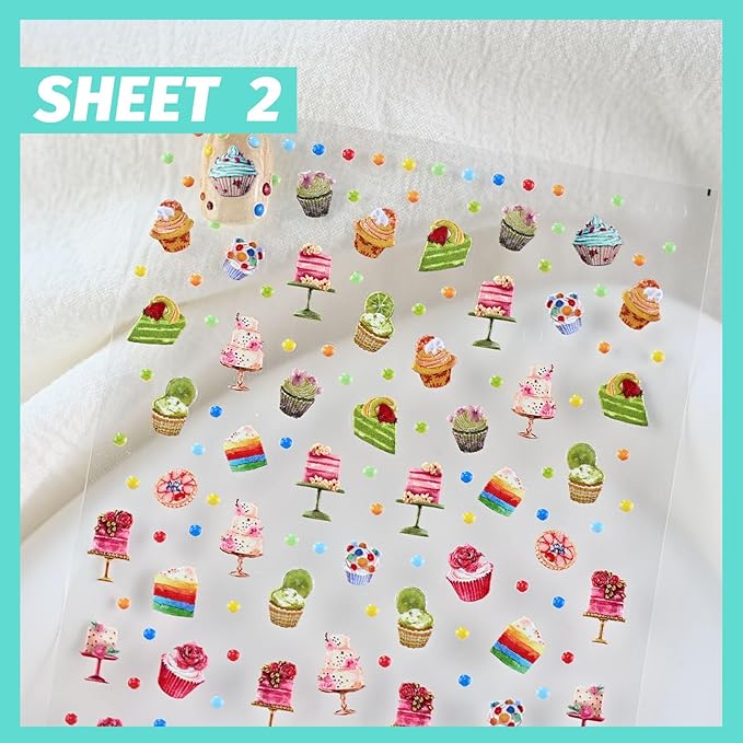 Cute Birthday Nail Stickers, 3D Cake Dessert Nail Decals, Self-Adhesive Nail Accessories & Supplies, Durable & Long-Lasting 3 Sheets
