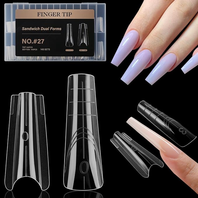 280 Pcs Original Sandwich Nails Dual Form with Guide Lines Long Coffin Nail Mold for Builder Gel Nail Extensions Art Design Salon DIY at Home
