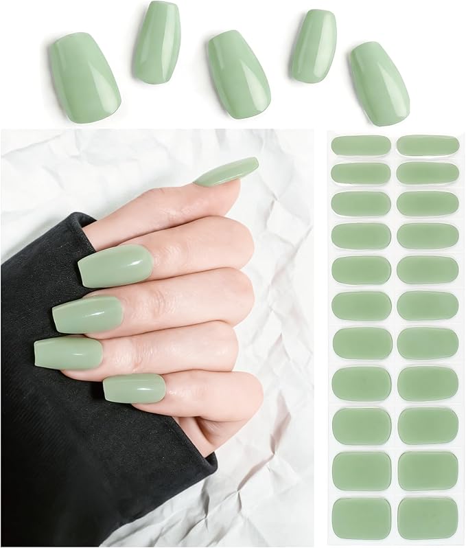 Semi Cured Gel Nail Strips Army Green Solid Gel Nail Stickers with UV/LED Required Long Lasting Gel Nail Stickers for Spring Includes 22 Strips 2 Prep Pads, Nail File & Wooden Stick