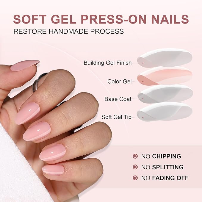 Light Pink Soft Gel Press on Nails Short Almond Fake Nails with Nails Glue False Nails Solid Color Designs Salon Quality Glossy Acrylic Nails Full Cover Thickened Stick on Nails for Women Manicure