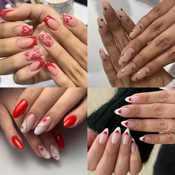 8 Sheets Valentines Nail Art Stickers 3D Self-Adhesive Hollow Heart Nail Decals Red Heart French Tip Nail Stickers Valentines Day Nails Art Decorations for Women Holiday DIY Nails Supplies