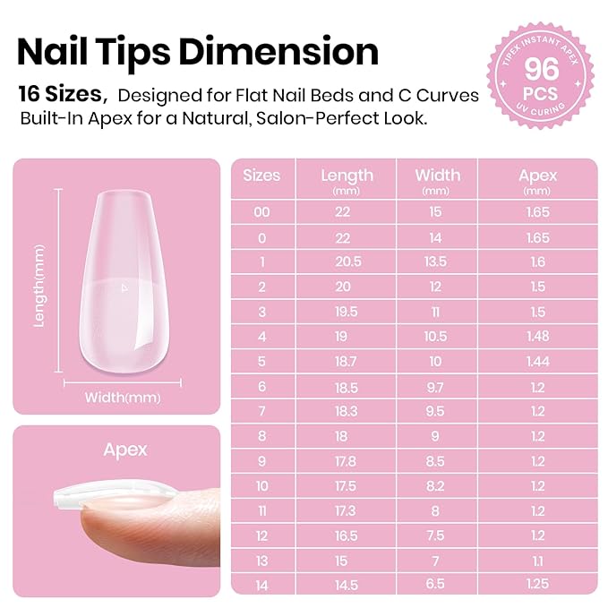 Beetles Tipex Lite Instant Apex Nail Tips, Short Coffin, 16 Sizes | 00–14, Built-in Apex Acrylic Tips for Flat & Natural Nail Beds, Beginner-Friendly Easy DIY Nail Extensions