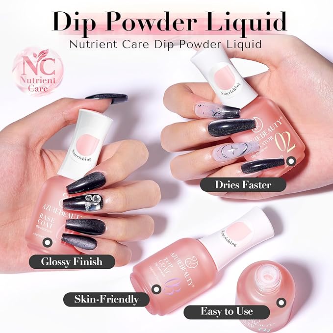 AZUREBEAUTY Dip Powder Liquid Set – Upgraded Care Formula, 4+4Pcs 15ml/0.5oz Base Coat, Activator, Top Coat & Brush Saver, Nail Strengthener with Keratin & Calcium, Low Odor DIY Home Salon