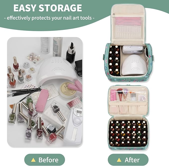 Nail Polish Organizer Case - Holds 45-90 Bottles & UV Nail Lamp, Nail Tech Organizers And Storage Bag for Nail Supplies & Manicure Kit & Pedicure Tools, Nail Technician Case (Cartoon Green, 45 Slots)