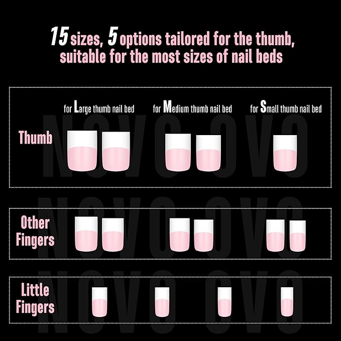 NOVO OVO Old School Wide White French Short Sharp Square Tip Nail Tips Press on MILKY PINK, Need Builder Gel Top Coat Nail Glue, Soft Gel Full Cover Fake Nail Extension, for DIY x 15 Sizes 240 pcs