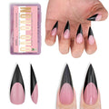NOVO OVO Black French Tip Sharp Stiletto Pointed Medium Long Nail Tips Press on Berry Pink, Soft Gel Fake Acrylic Extension, Full Cover False Nails for Salon DIY x 16 Sizes 160 pcs