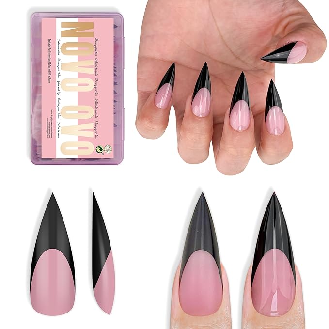 NOVO OVO Black French Tip Sharp Stiletto Pointed Medium Long Nail Tips Press on Berry Pink, Soft Gel Fake Acrylic Extension, Full Cover False Nails for Salon DIY x 16 Sizes 160 pcs