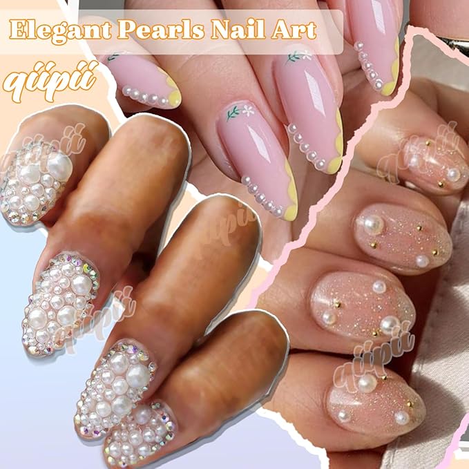 Beige White Flatback Pearls w B7000 Glue for Bedazzling Crafting 3/4/5/6/8/10mm Ivory Half Round Pearl Bedazzling Beads Gems Bedazzler Kit for Nails Face Eyes Makeup Tumblers Bottles DIY Crafts