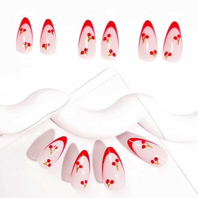 Red French Tip Press on Nails Almond Short Fake Nails Cute Nude Pink Full Cover Glue on Nails with Red Cherry Glossy Artificial Stick on Nail Reusable Mini Cherry Acrylic False Nail for Women 24Pcs