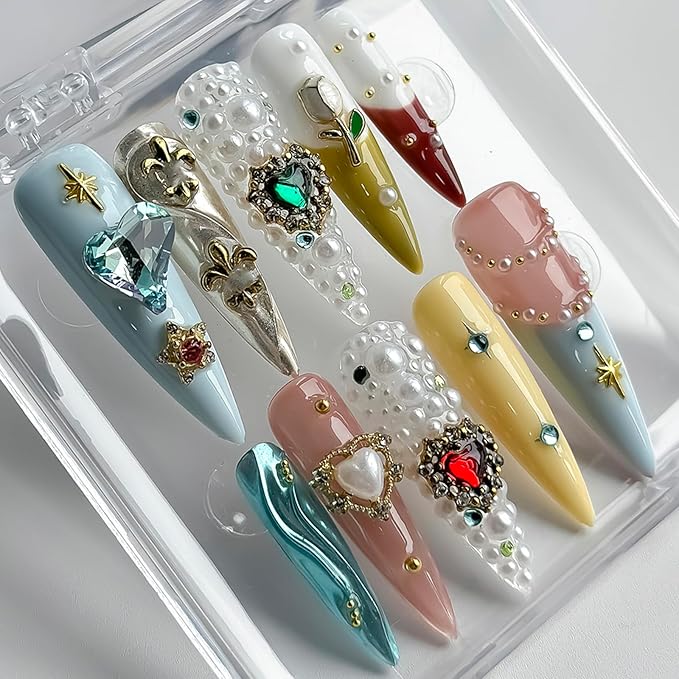 Luxury Press on Nails Long Stiletto Handmade 3D Unique Reusable ABS Material Fake Nails Full Rhinestones False Nails with Designs Flower Heart Charms Glossy Glue on Nail Thick Acrylic Nail(M)