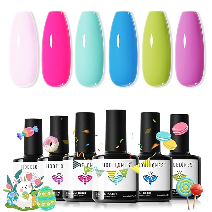 Modelones Gel Nail Polish Set, 6 Colors 2026 Easter Spring Pastel Mint Purple Light Pink Gel Polish Rainbow Bright Neon Green Blue Hot Pink Nail Polish Soak Off LED Manicure Salon DIY Starter kit Gift