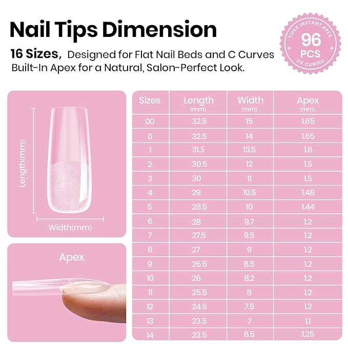 Beetles Tipex Lite Instant Apex Nail Tips, Long Square, 16 Sizes | 00–14, Built-in Apex Acrylic Tips for Flat & Natural Nail Beds, Beginner-Friendly Easy DIY Nail Extensions