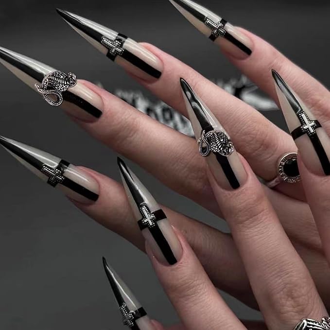 MISUD Press on Nails - Long Stiletto Fake Nails with Goth Black Cross, Acrylic Y2K Charms Design 24 pcs