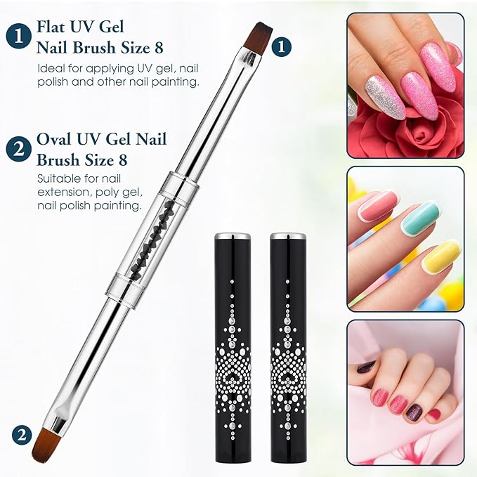 2pcs Hard Gel Nail Brush, French Manicure Brush French Tip Nail Gel Liner Brush, Builder Gel Brushes for Design Nails Dual-Ended Nail Design Brushes Rhinestone Handle Nail Brush Professional Nail Art
