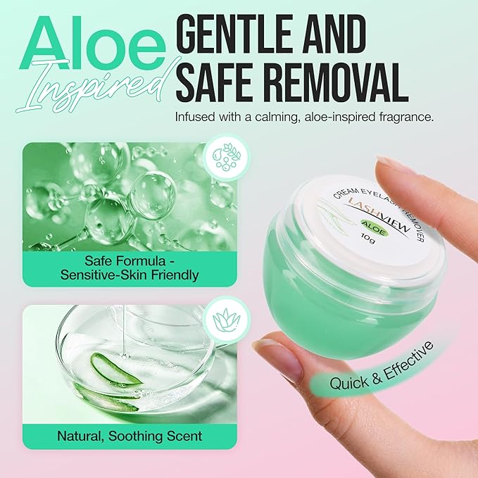 LASHVIEW Eyelash Extension Remover Cream Gentle Aloe Vera Formula, Lash Removal Kit with Eye Patches & Cotton Swabs(10g)