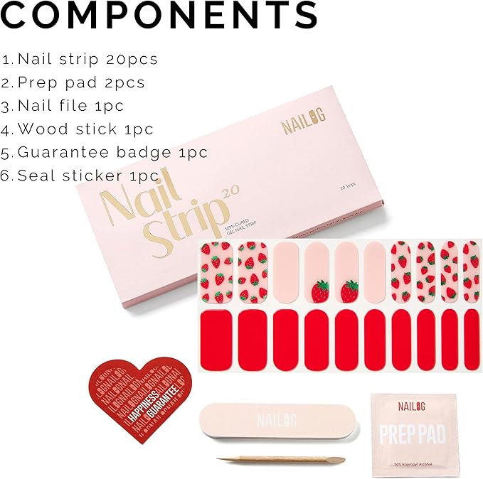 Semi Cured Gel Nail Strips - NAILOG 20 Pcs Red Strawberry Nail Stickers Extra Long Wraps with Glossy Gel Finishing for Spring, Strawberry Sorbet