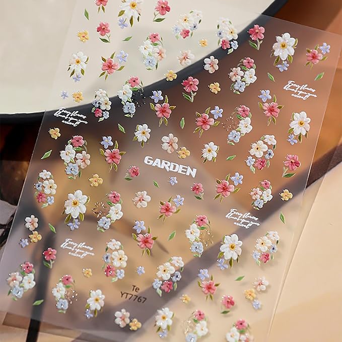 1 Sheets Cute Spring Flower Nail Decals for Nail Art Embossed Small Flowers Leaf Nail Art Stickers 5D Self-Adhesive Spring Nail Design Decals Blue Yellow White Pink Floral Nail Stickers for Women