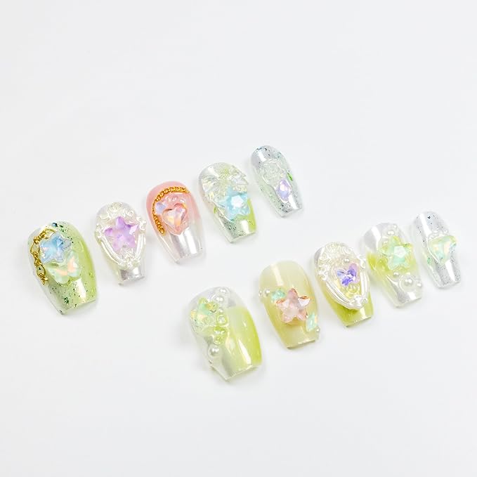 3D Squoval Press on Nails, Short Ladder Fake Nails Summer Theme False Nails Small Multi-color Press on Nails for Women Girls Nail Art Decoration,Summer Stars - Smaill
