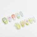 3D Squoval Press on Nails, Short Ladder Fake Nails Summer Theme False Nails Small Multi-color Press on Nails for Women Girls Nail Art Decoration,Summer Stars - Smaill