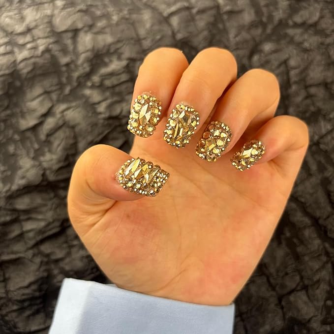 Trendy Handmade Press On Nails Short Square Shape,10Pcs Bling Bling Acrylic Fake Nails with 3D Rhinestone Luxury Design Stick On Nail for Woman Gift(AKA 016, Medium)
