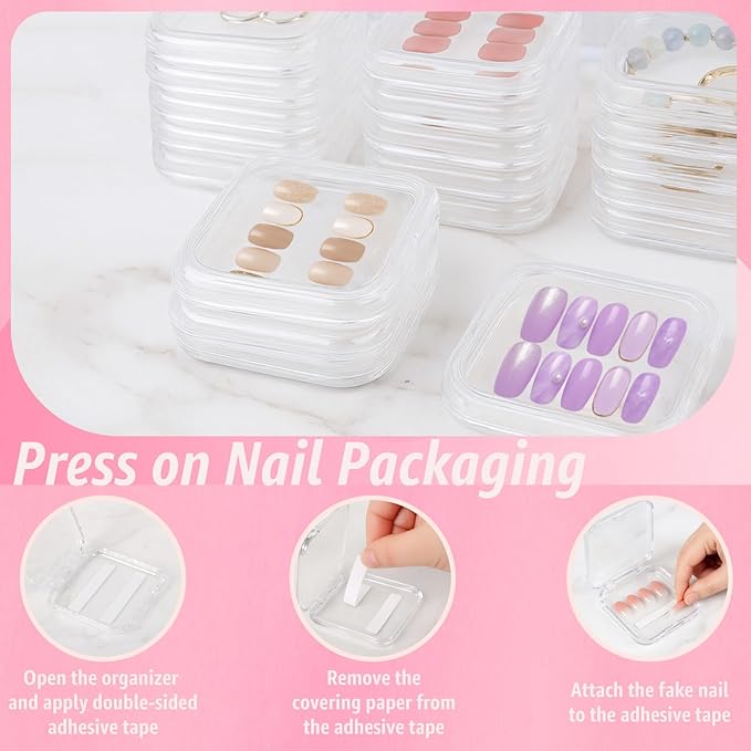 Clear Press On Nail Storage Containers 12-Pack Stackable Cases, Press Ons Nail Packaging Organizer Case, Acrylic Tips and Fake Nails Display Box for Travel and Salon Use (Clear 01)