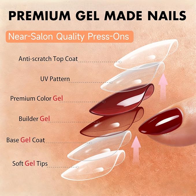 Chrome Wine Red Press on Nails Short Almond, Glazed Cute Fake Nails with Sparkle Mirror Design, Shiny Glitter Glue on Nails Stiletto, Burgundy Gel Nail Press ons with Glue for Fingernail 30 Pcs