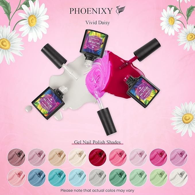 Phoenixy Gel Nail Polish Kit with U V Light, 36 PCS Gel Nail Kit Pink Red Brown Blue Green Nail Polish Set Manicure Starter Kit Gifts for Women