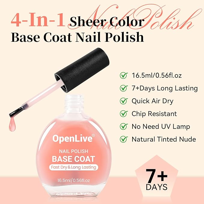 Base Coat Nail Polish Sheer Tinted Nude, Regular Nail Polish Enhances Natural Look, Quick Air Dry for Women Salon DIY Nail Art