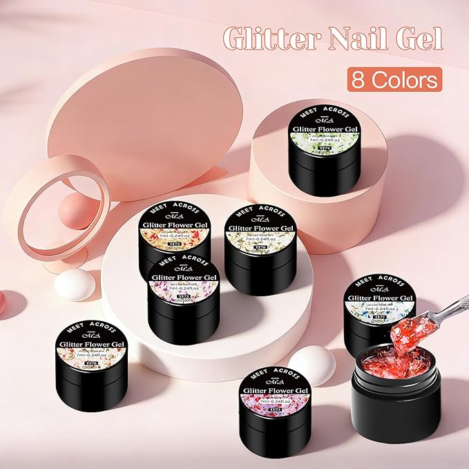 MEET ACROSS 9Pcs Glitter Gel Nail Polish Set Petal Gel Polish Kit with 1Pc Nail Brush, Soak Off Nail Art Design Salon at Home DIY Manicure Kit Gifts for Women Girls 8 Colors